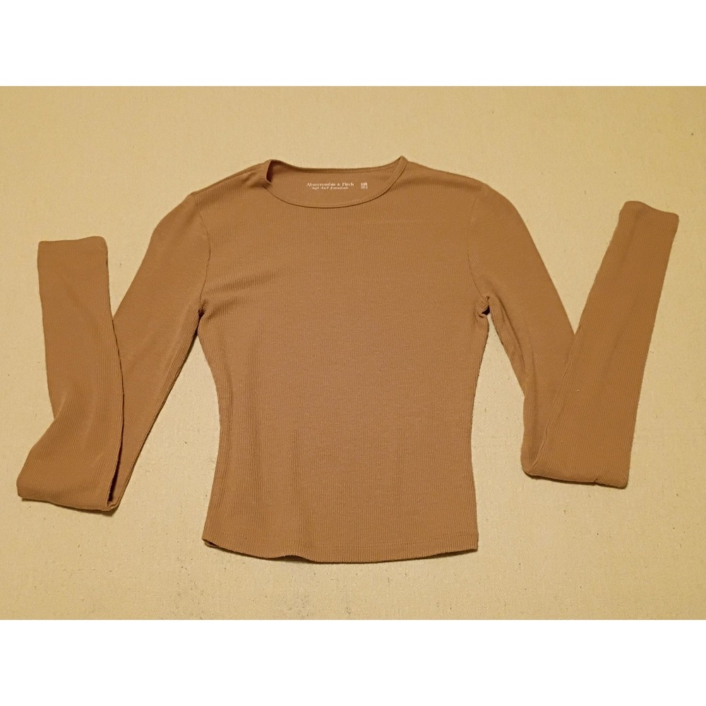 Abercrombie & Fitch Soft A&F Essentials Ribbed Long Sleeve Top Tan Brown XXS